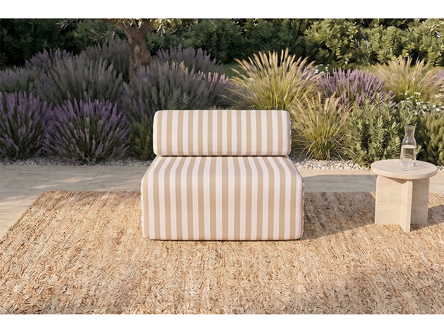 Fauteuil modulable - Tissu extérieur à rayures, blanc et beige