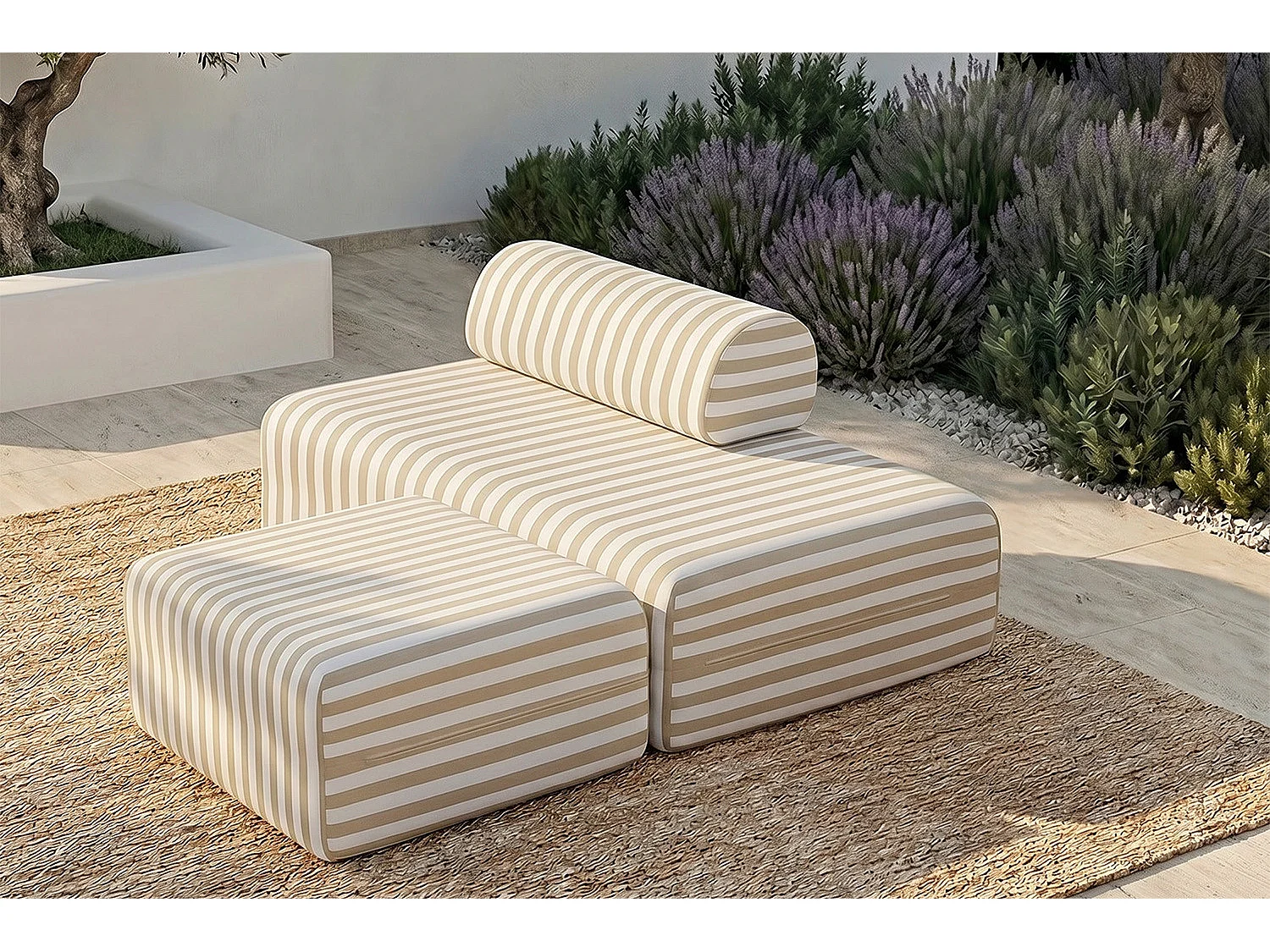 Pouf modulable - Tissu extérieur à rayures, blanc et beige