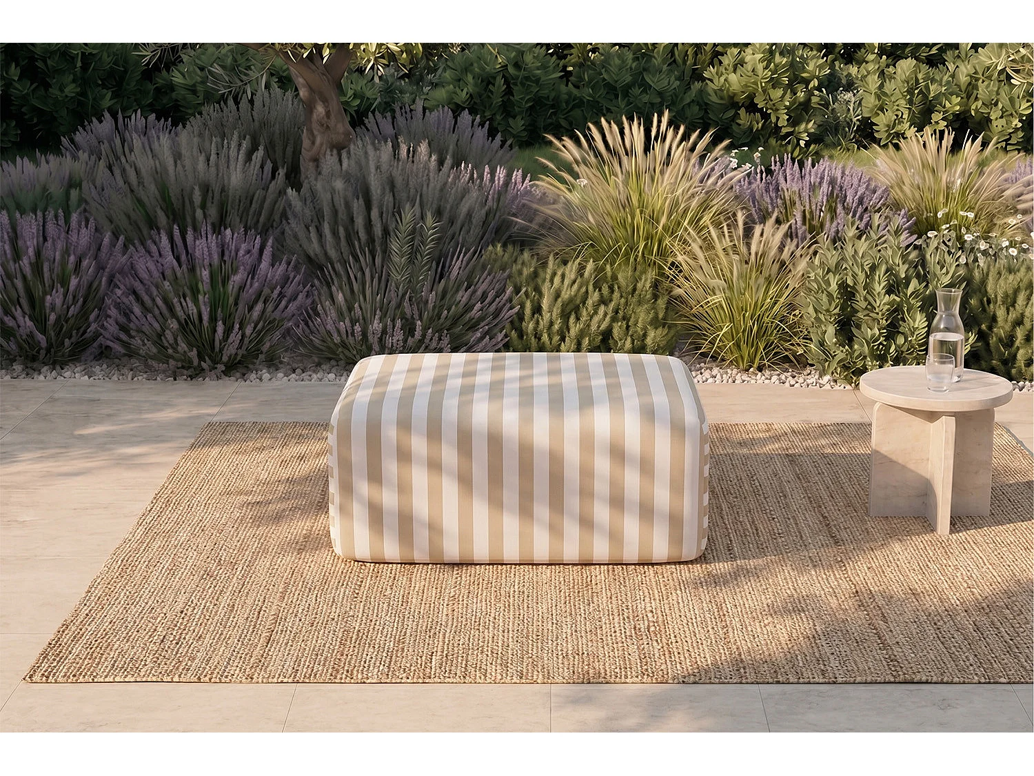 Pouf modulable - Tissu extérieur à rayures, blanc et beige