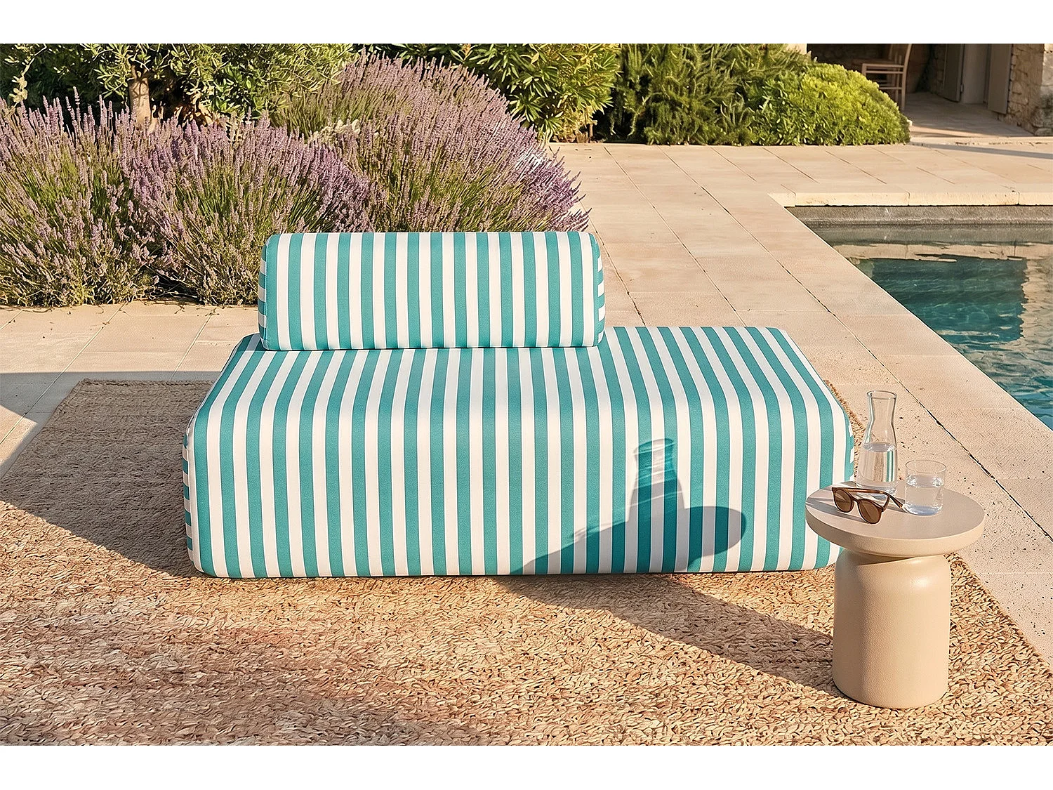 Canapé 2 places modulable - Tissu extérieur à rayures, blanc et bleu turquoise
