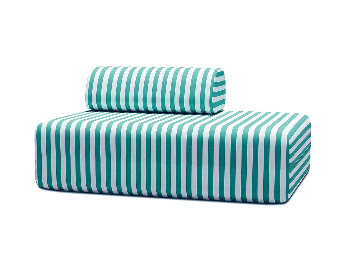 Canapé 2 places modulable - Tissu extérieur à rayures, blanc et bleu turquoise