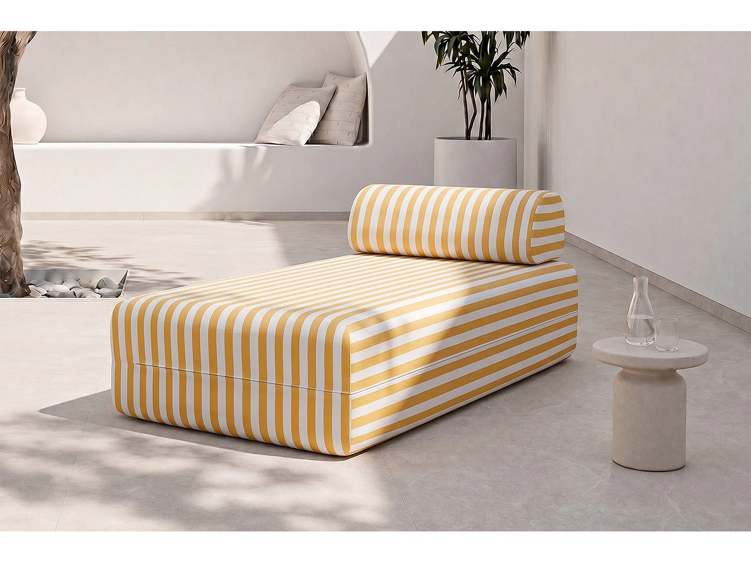 Méridienne modulable - Tissu extérieur à rayures, blanc et jaune