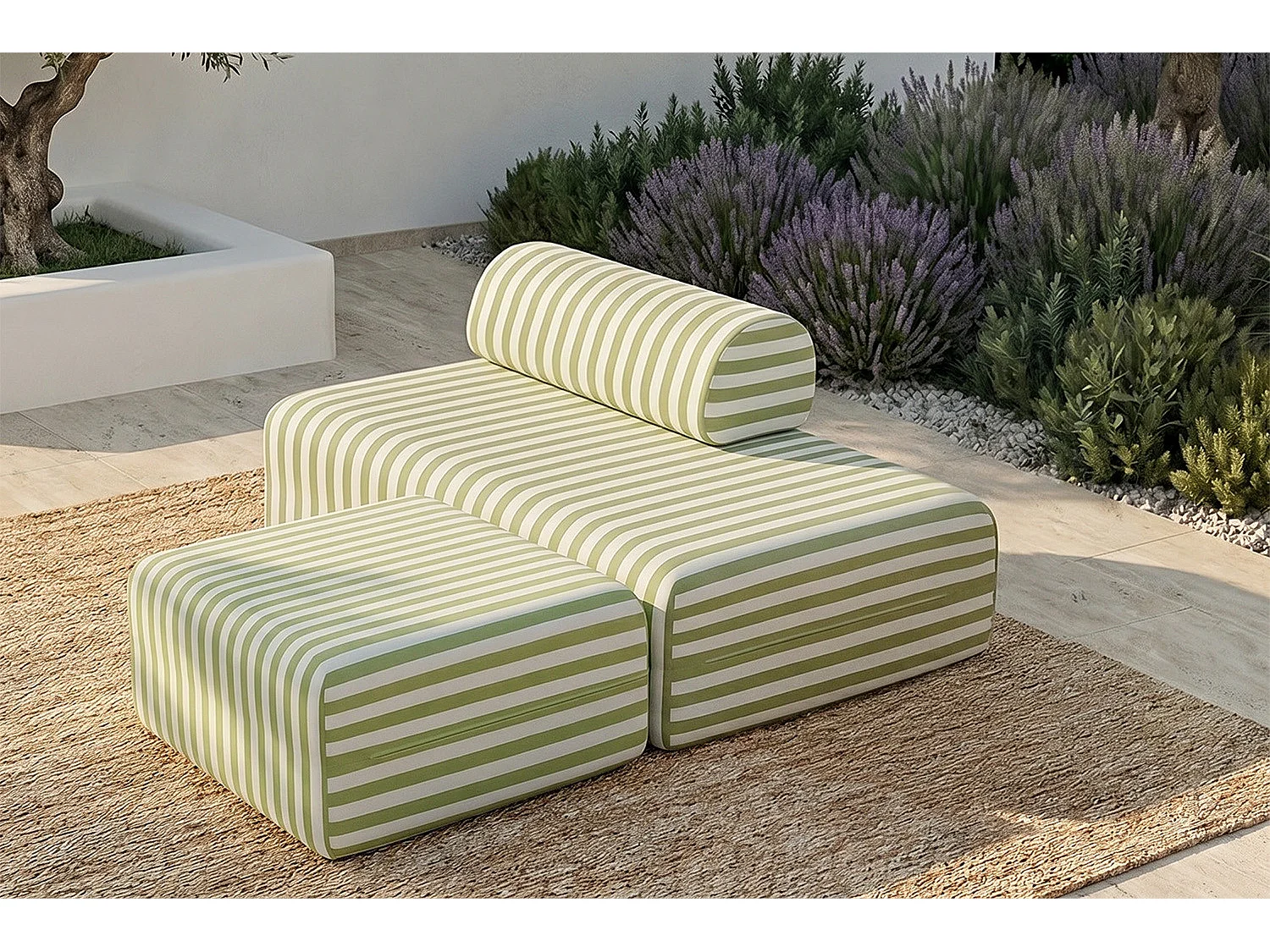 Pouf modulable - Tissu extérieur à rayures, blanc et vert anis