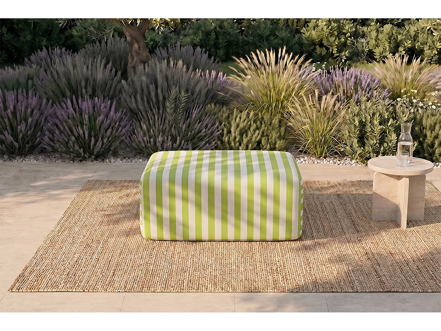 Pouf modulable - Tissu extérieur à rayures, blanc et vert anis