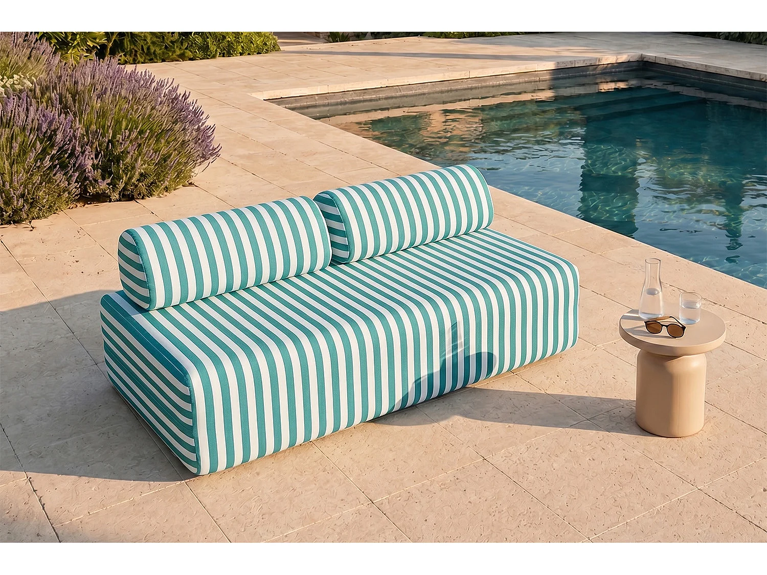 Canapé 3 places modulable - Tissu extérieur à rayures, blanc et bleu turquoise