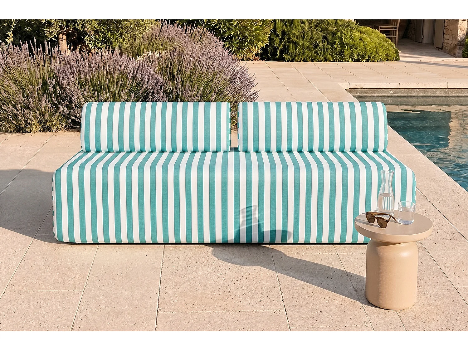 Canapé 3 places modulable - Tissu extérieur à rayures, blanc et bleu turquoise