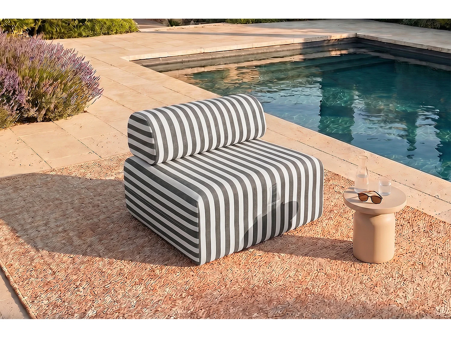 Fauteuil modulable - Tissu extérieur à rayures, blanc et gris anthracite