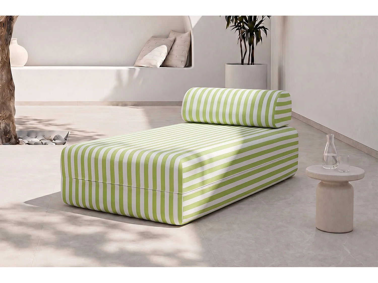 Méridienne modulable - Tissu extérieur à rayures, blanc et vert anis
