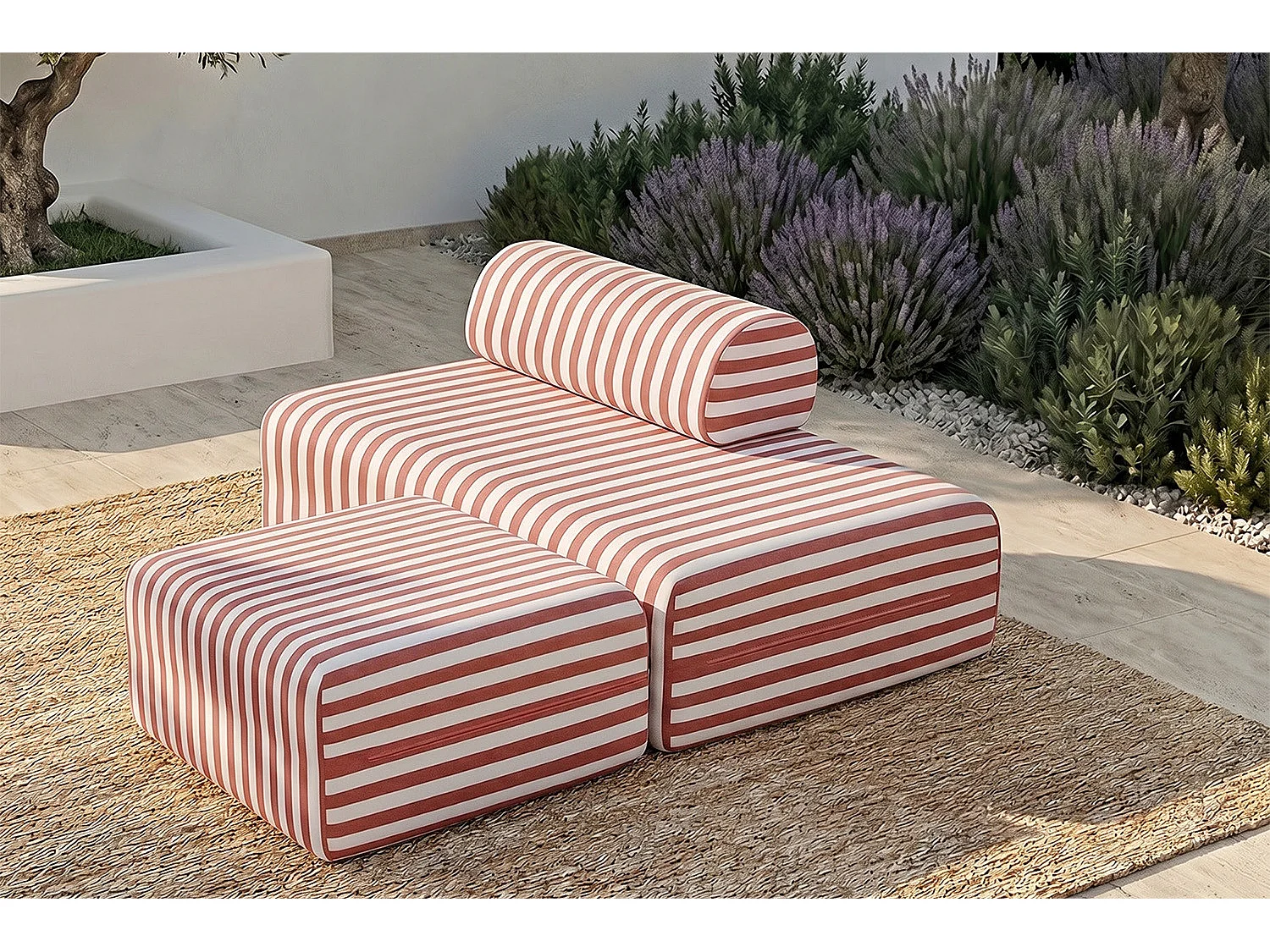Pouf modulable - Tissu extérieur à rayures, blanc et rouge