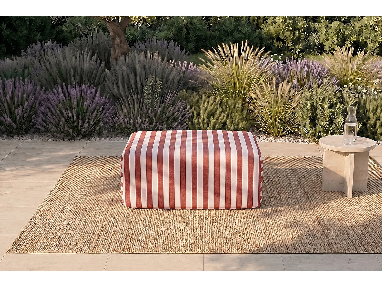 Pouf modulable - Tissu extérieur à rayures, blanc et rouge