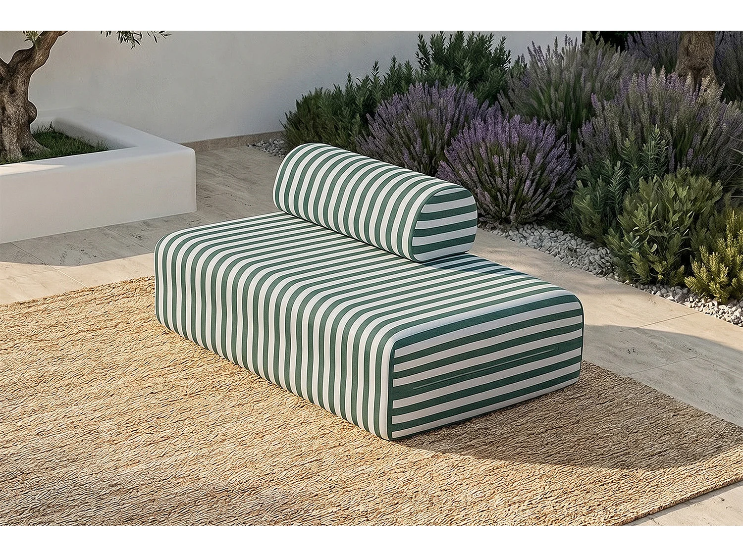 Canapé 2 places modulable - Tissu extérieur à rayures, blanc et vert foncé