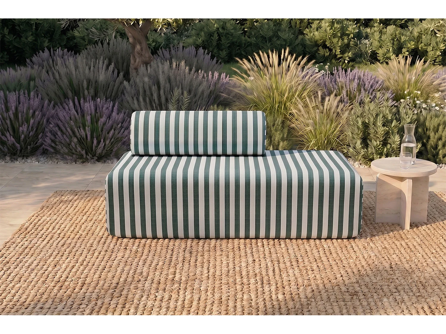 Canapé 2 places modulable - Tissu extérieur à rayures, blanc et vert foncé