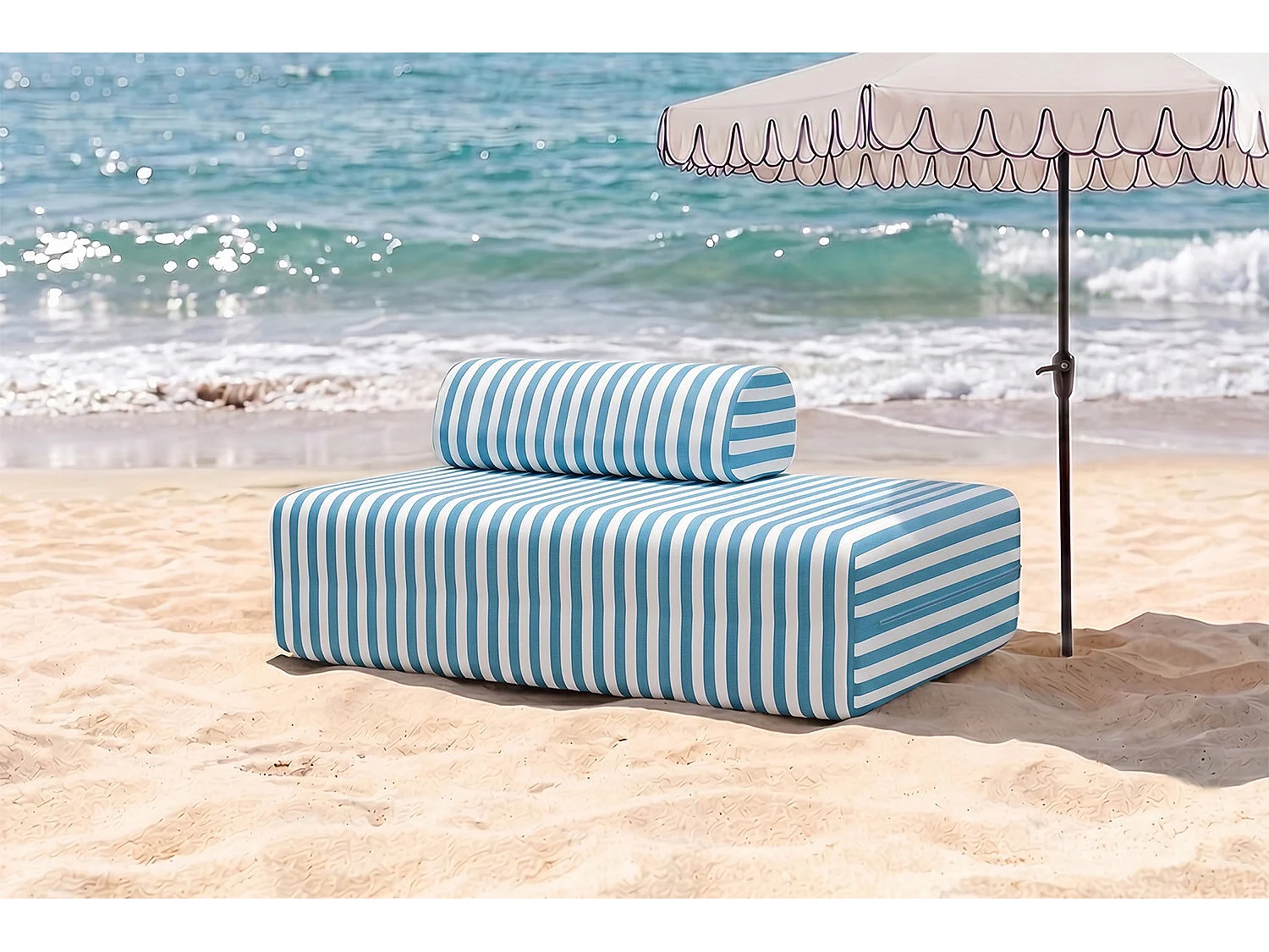 Canapé 2 places modulable - Tissu extérieur à rayures, blanc et bleu