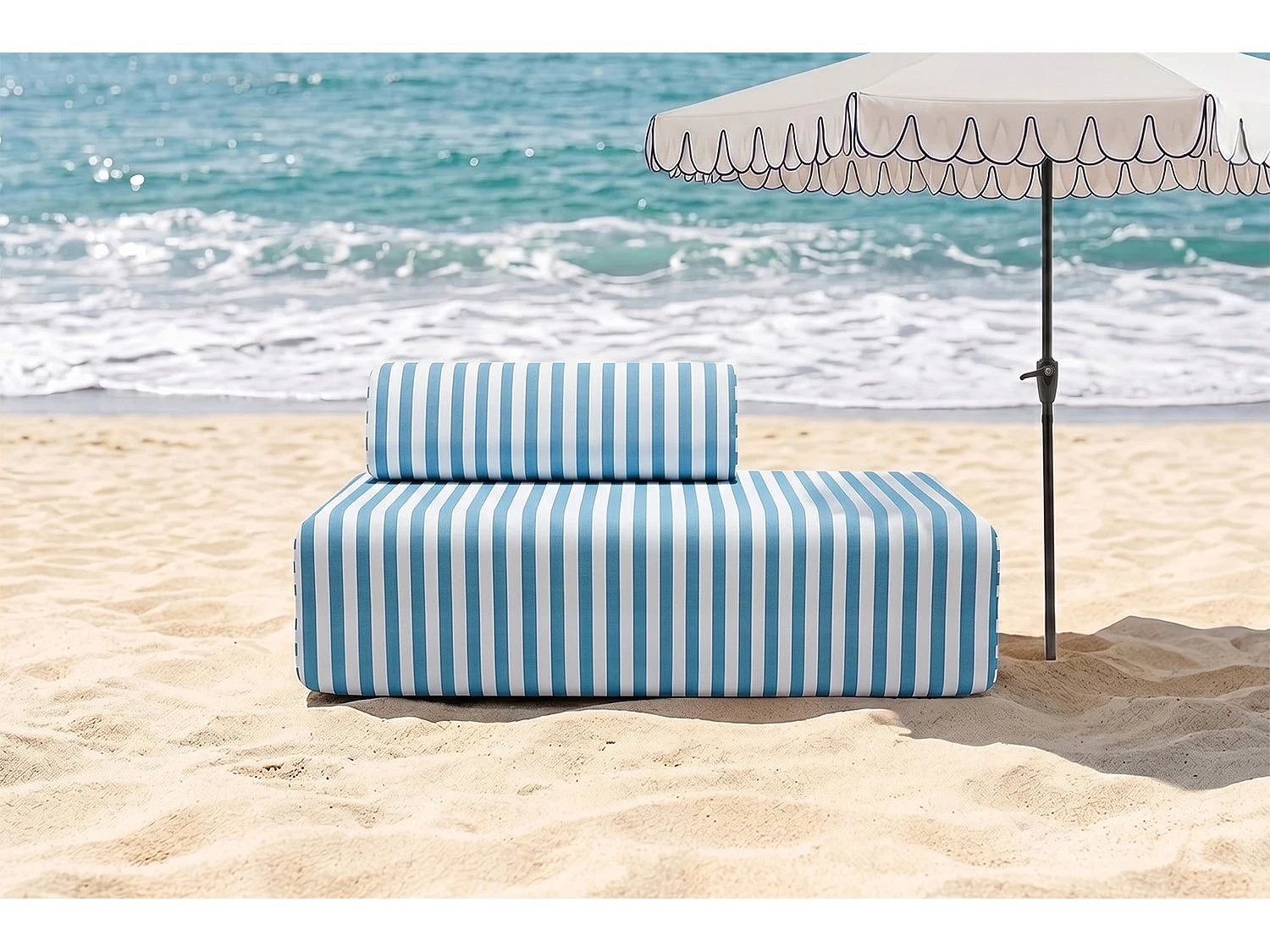 Canapé 2 places modulable - Tissu extérieur à rayures, blanc et bleu