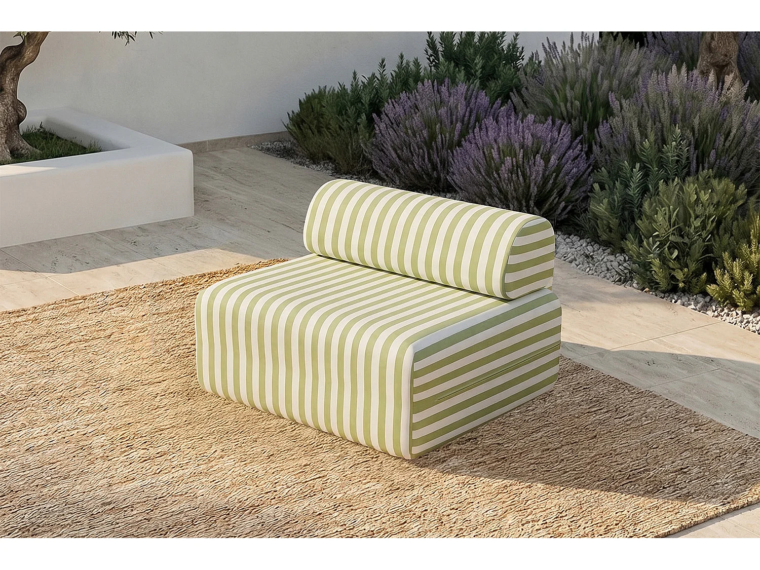 Fauteuil modulable - Tissu extérieur à rayures, blanc et vert anis