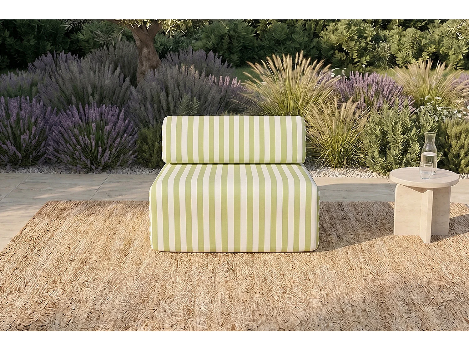 Fauteuil modulable - Tissu extérieur à rayures, blanc et vert anis