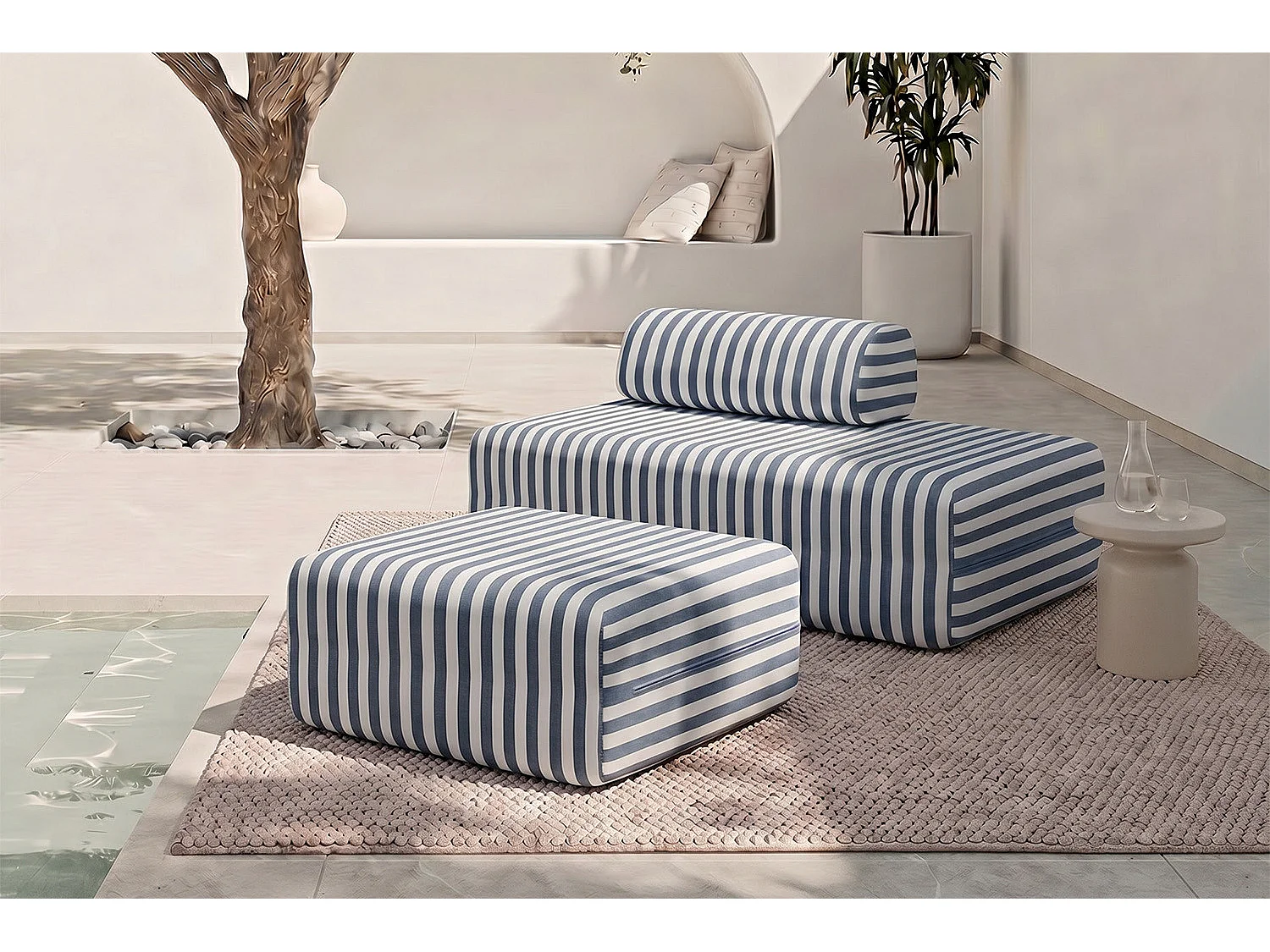 Pouf modulable - Tissu extérieur à rayures, blanc et bleu foncé