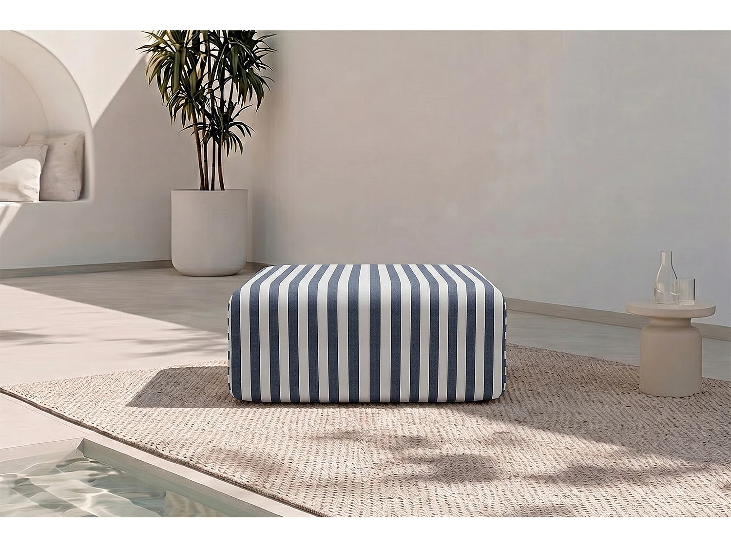 Pouf modulable - Tissu extérieur à rayures, blanc et bleu foncé