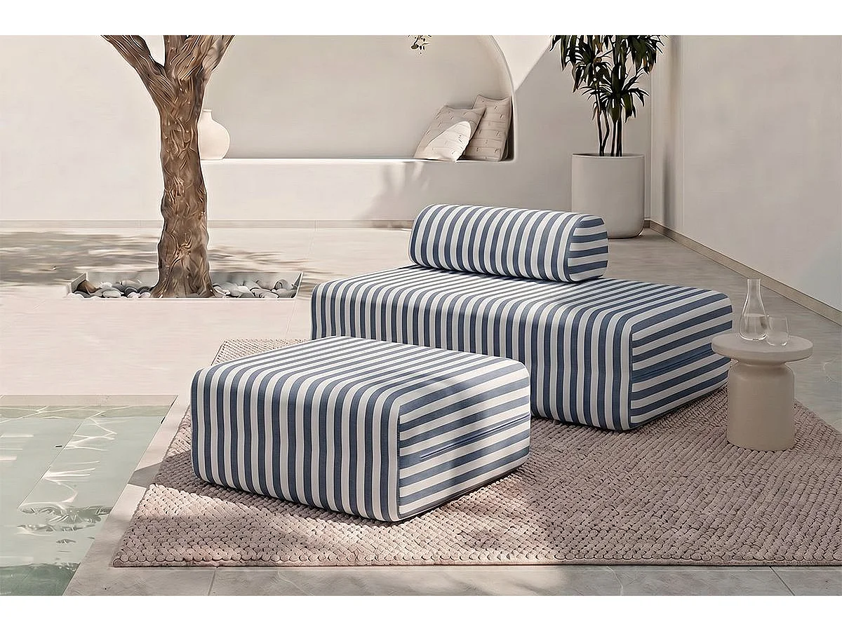 Pouf modulable - Tissu extérieur à rayures, blanc et bleu foncé