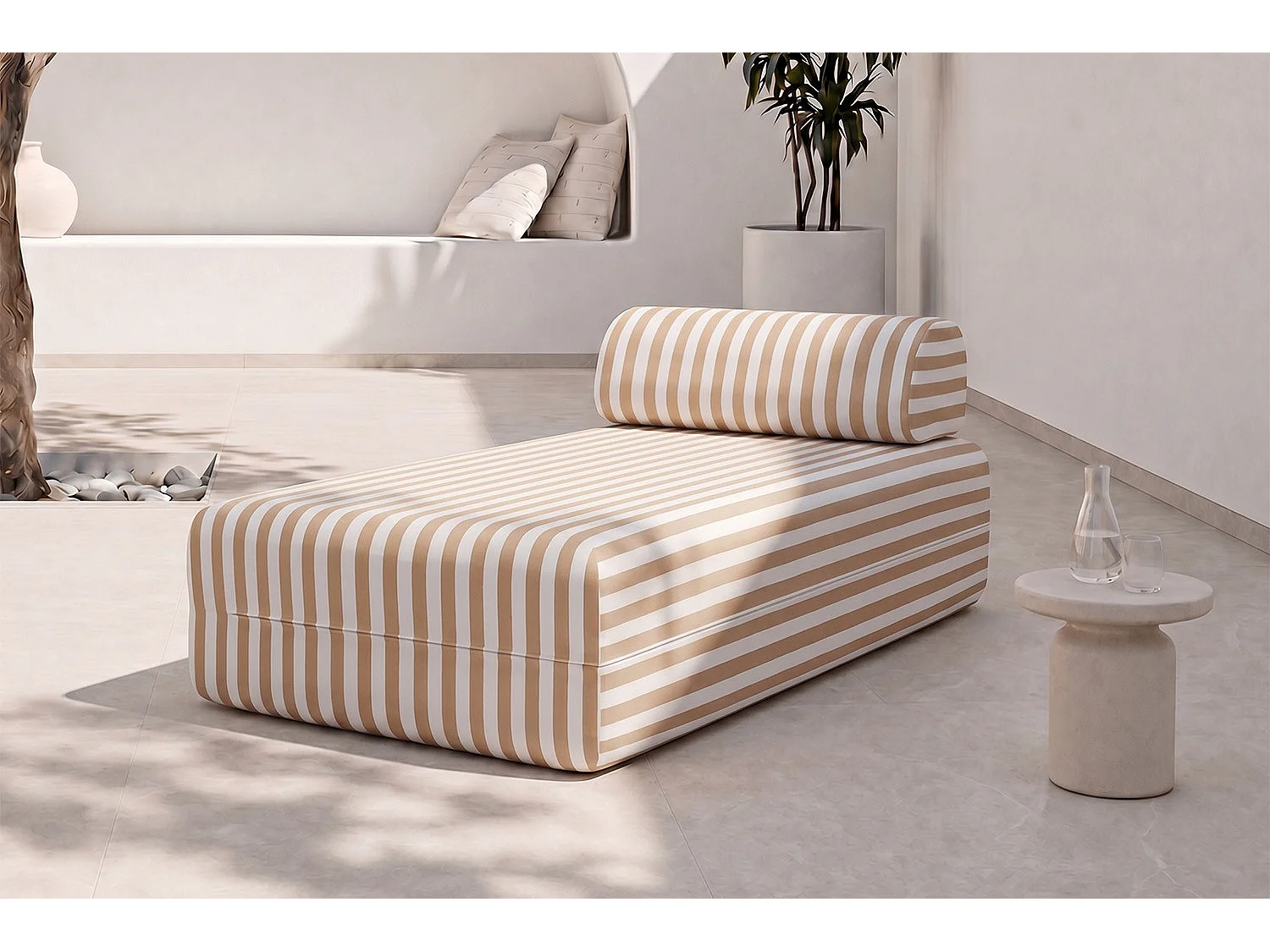 Méridienne modulable - Tissu extérieur à rayures, blanc et marron