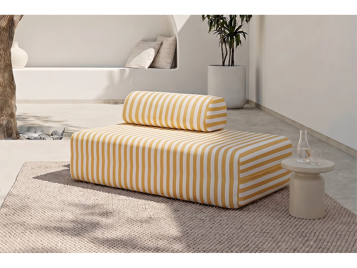 Canapé 2 places modulable - Tissu extérieur à rayures, blanc et jaune