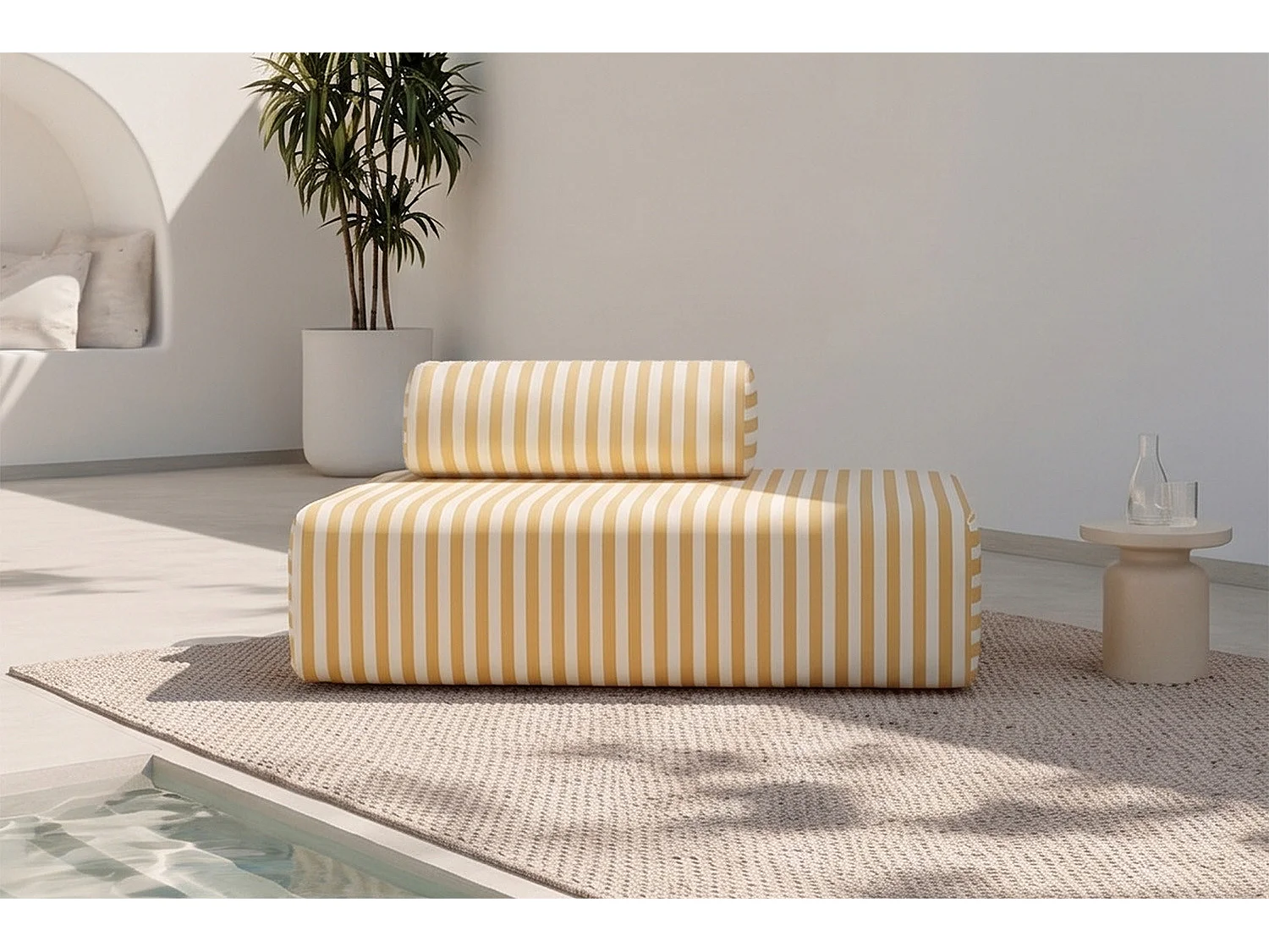 Canapé 2 places modulable - Tissu extérieur à rayures, blanc et jaune