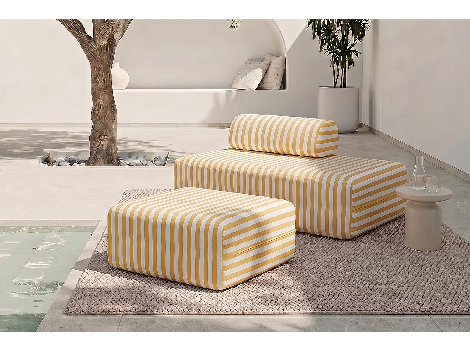 Pouf modulable - Tissu extérieur à rayures, blanc et jaune