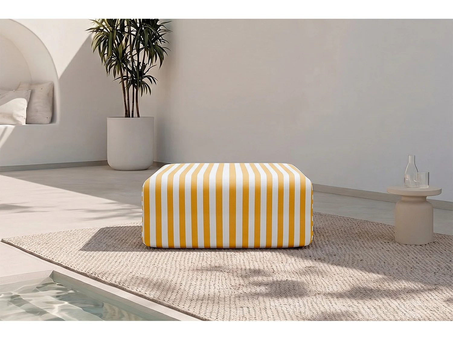 Pouf modulable - Tissu extérieur à rayures, blanc et jaune