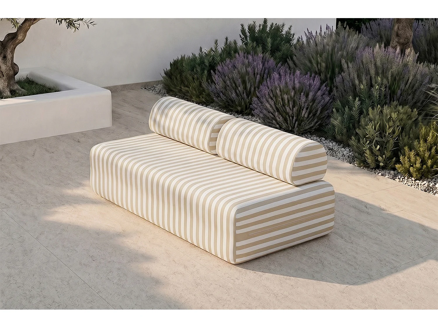 Canapé 3 places modulable - Tissu extérieur à rayures, blanc et beige