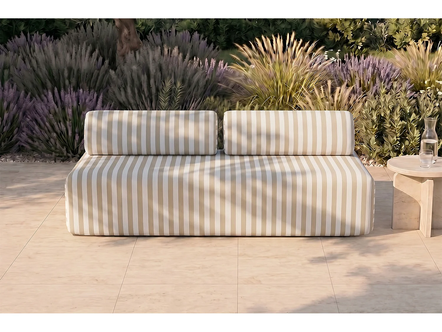 Canapé 3 places modulable - Tissu extérieur à rayures, blanc et beige
