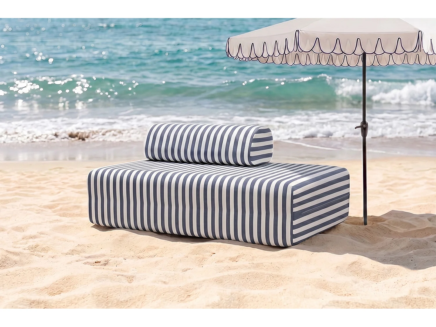 Canapé 2 places modulable - Tissu extérieur à rayures, blanc et bleu foncé