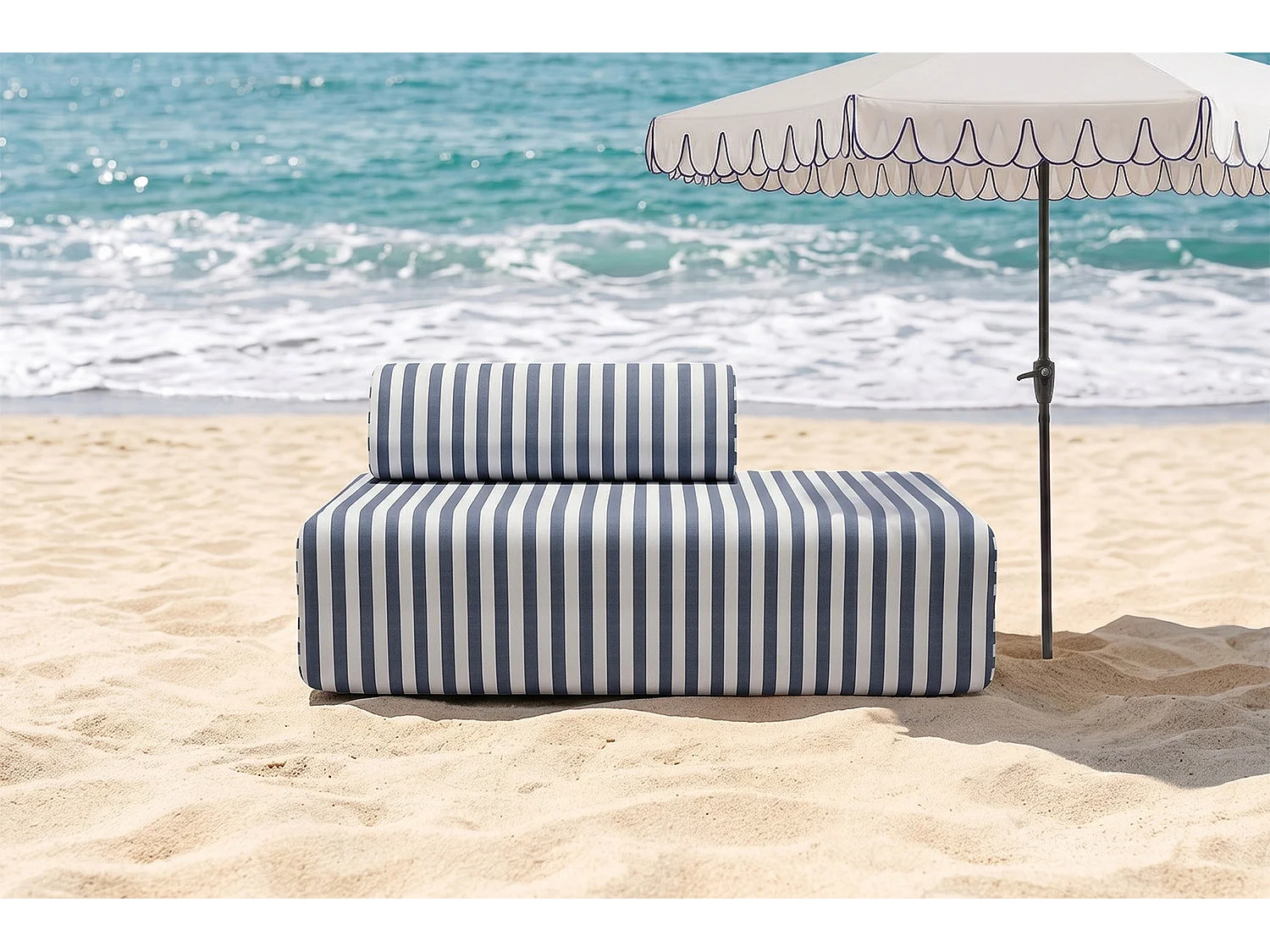 Canapé 2 places modulable - Tissu extérieur à rayures, blanc et bleu foncé