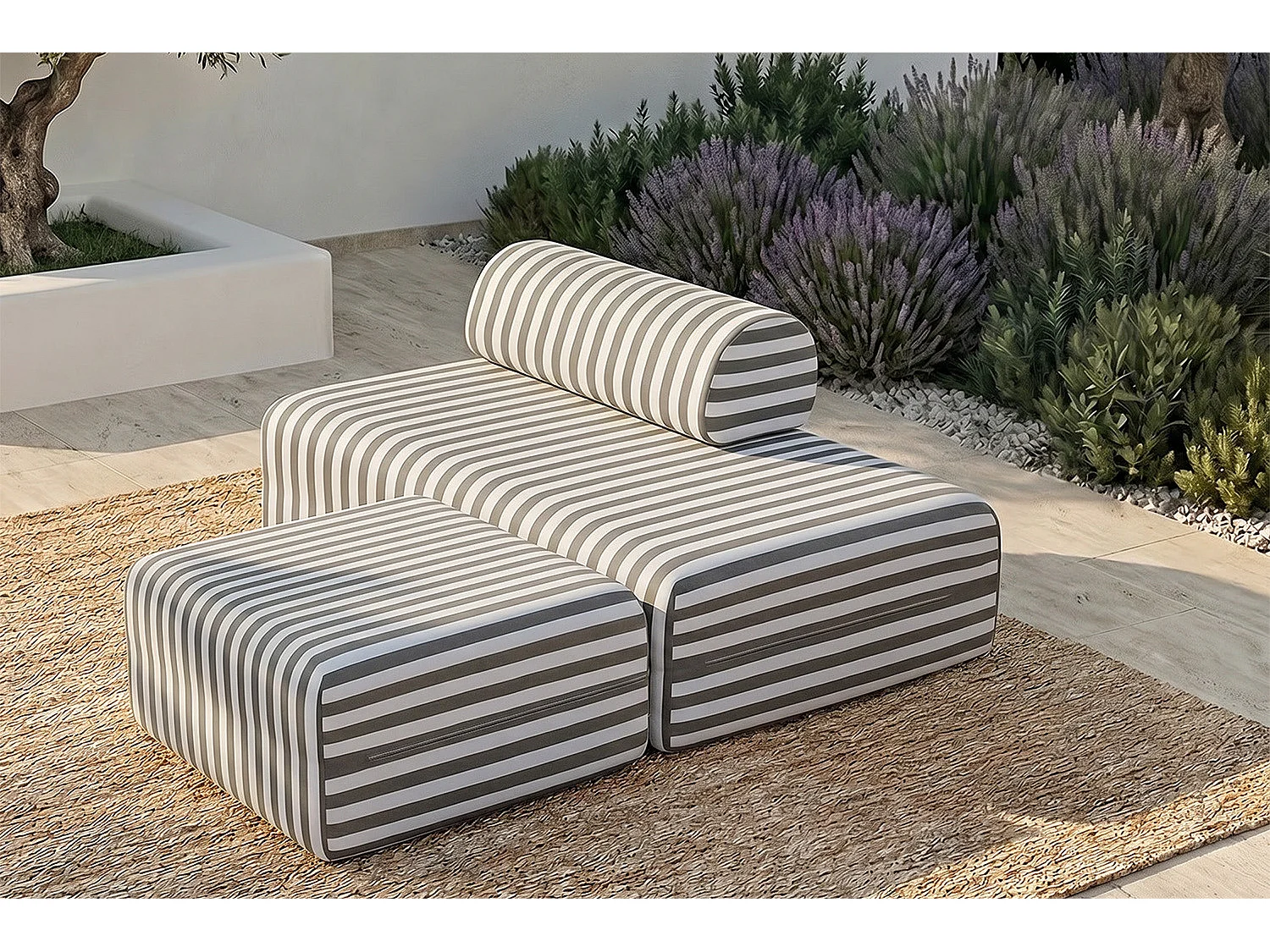 Pouf modulable - Tissu extérieur à rayures, blanc et gris anthracite