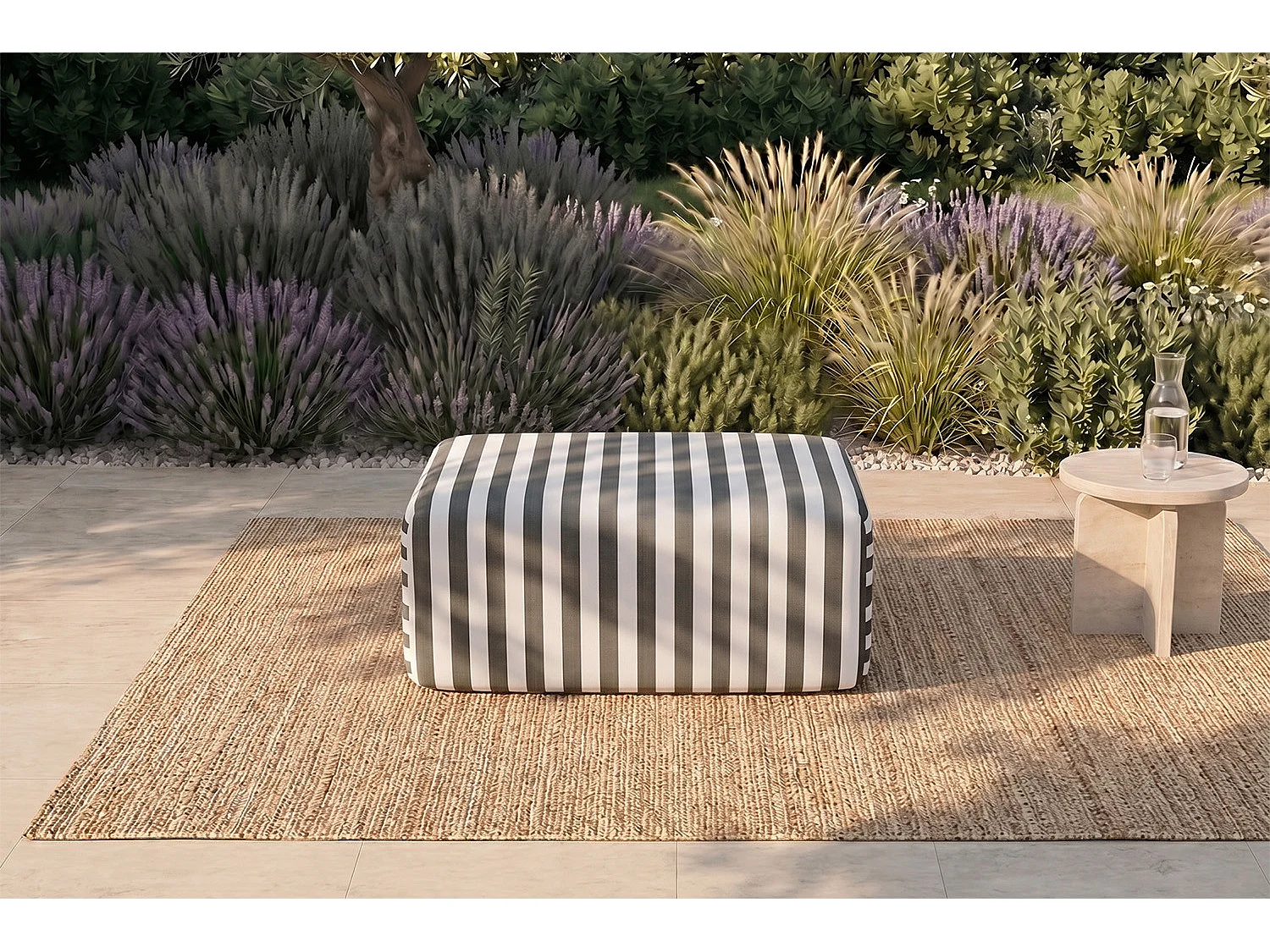 Pouf modulable - Tissu extérieur à rayures, blanc et gris anthracite