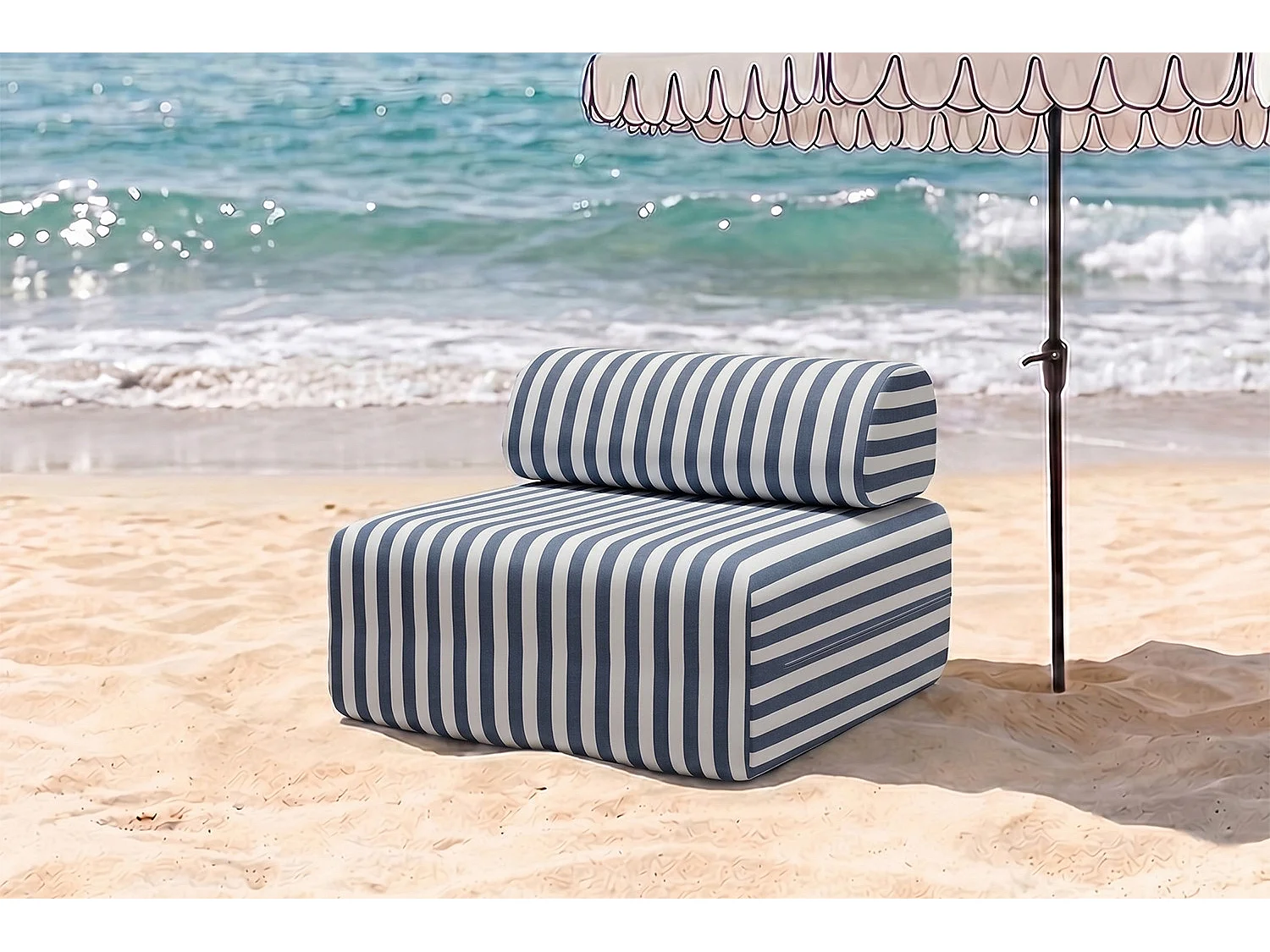 Fauteuil modulable - Tissu extérieur à rayures, blanc et bleu foncé