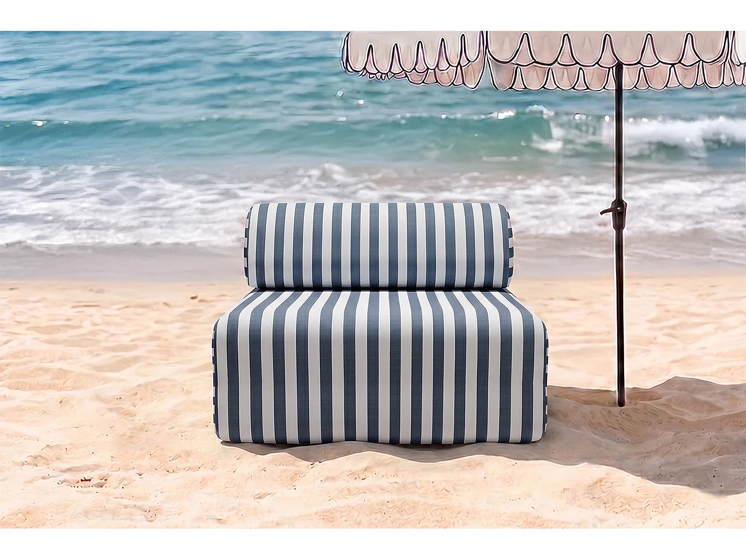 Fauteuil modulable - Tissu extérieur à rayures, blanc et bleu foncé