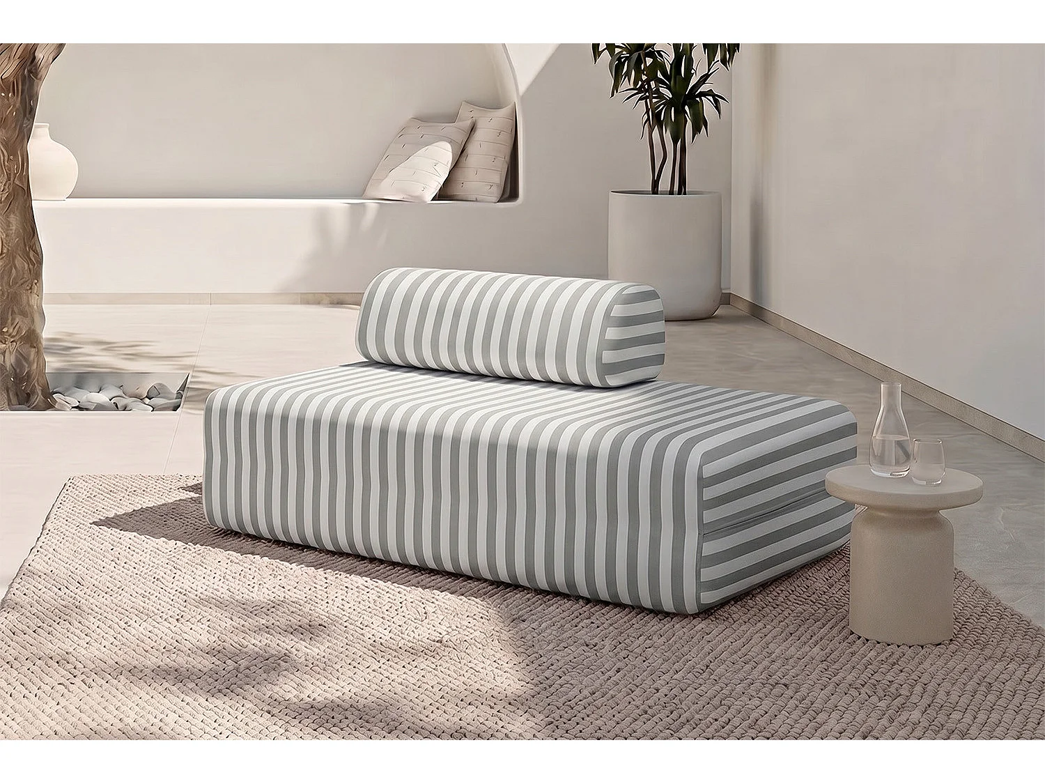 Canapé 2 places modulable - Tissu extérieur à rayures, blanc et gris