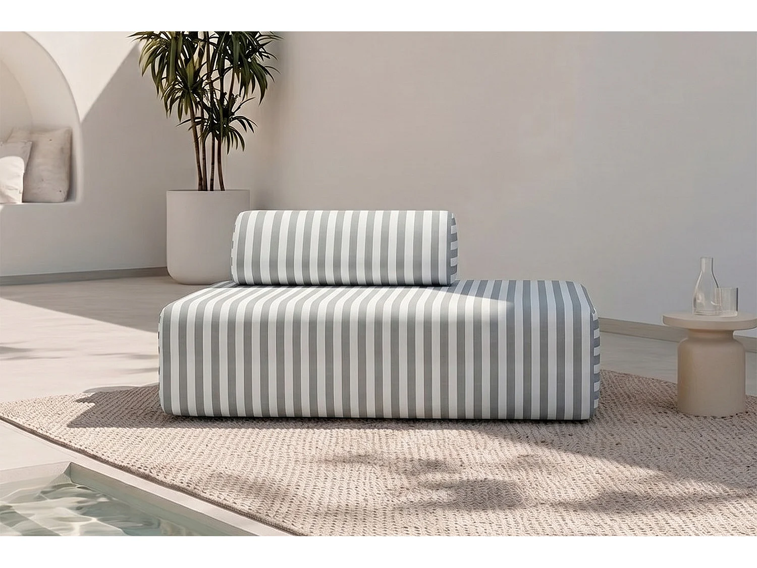 Canapé 2 places modulable - Tissu extérieur à rayures, blanc et gris