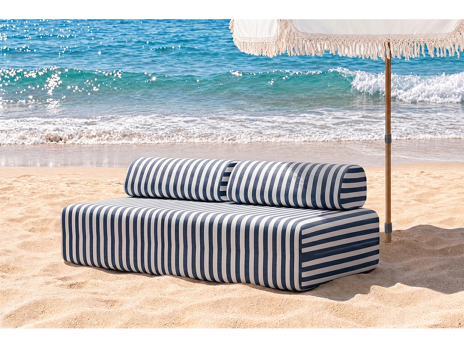 Canapé 3 places modulable - Tissu extérieur à rayures, blanc et bleu foncé