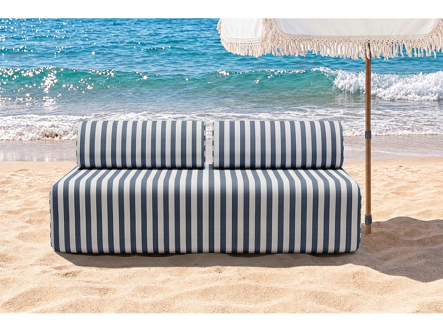 Canapé 3 places modulable - Tissu extérieur à rayures, blanc et bleu foncé