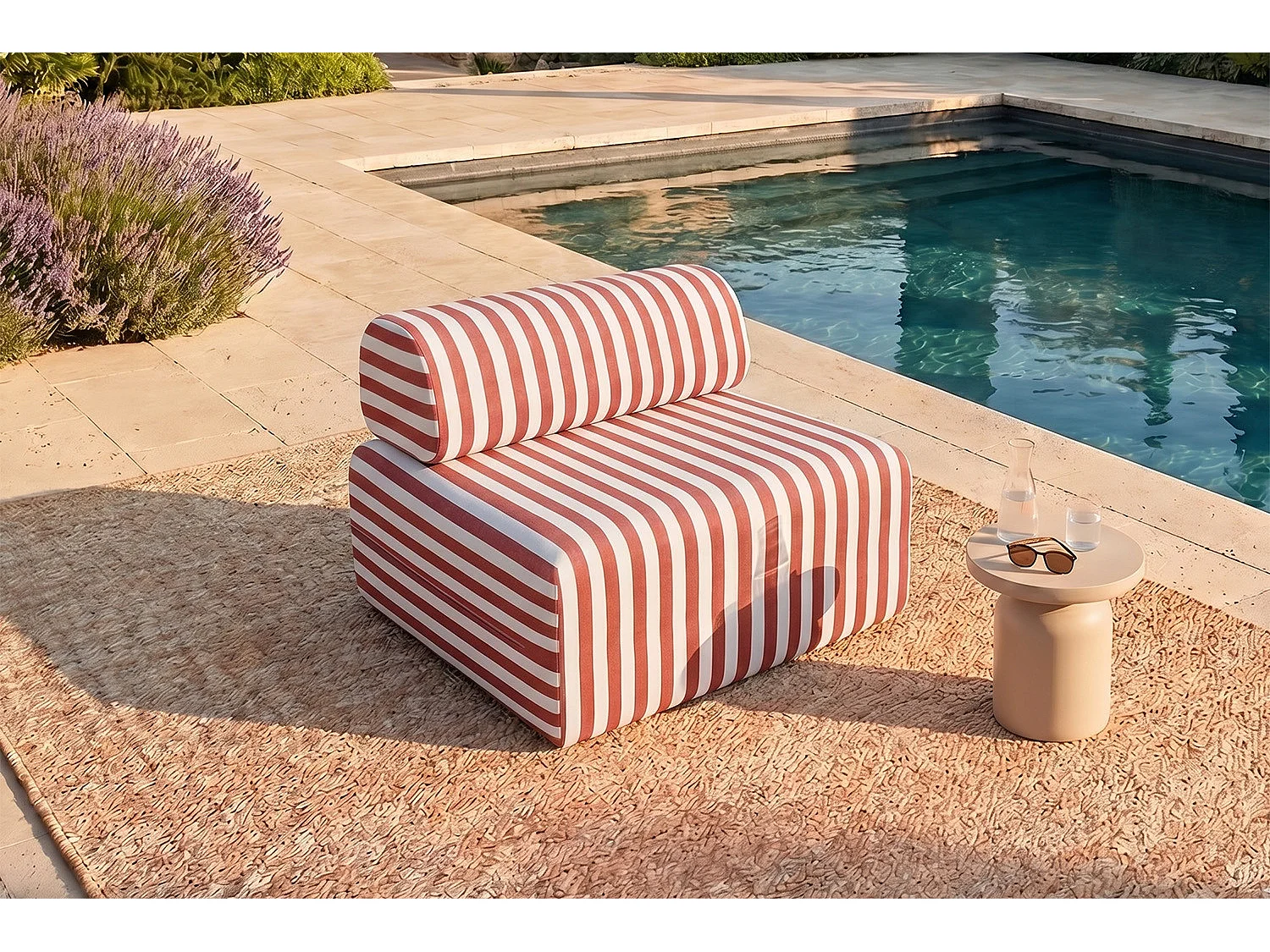 Fauteuil modulable - Tissu extérieur à rayures, blanc et rouge