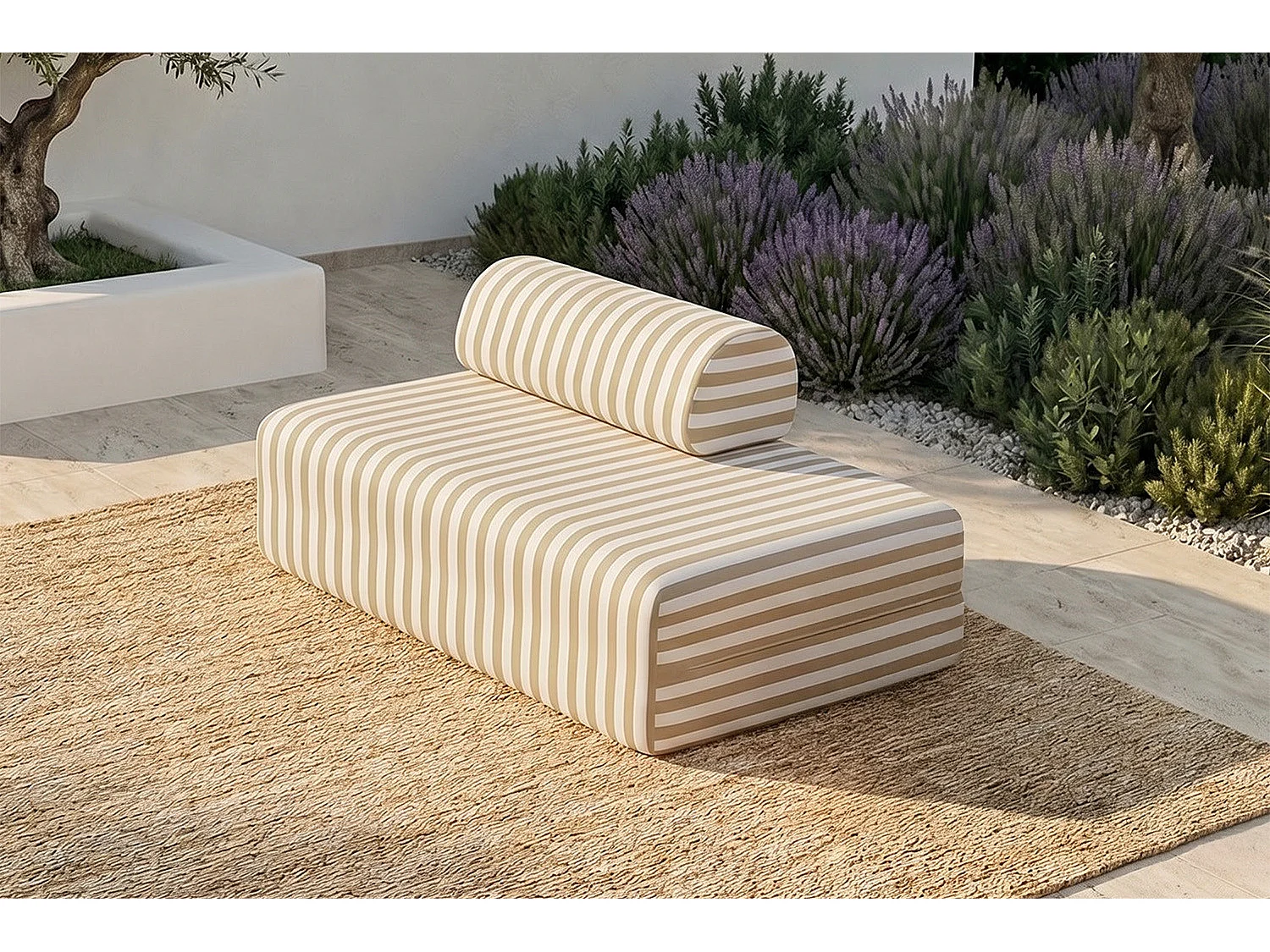 Canapé 2 places modulable - Tissu extérieur à rayures, blanc et beige