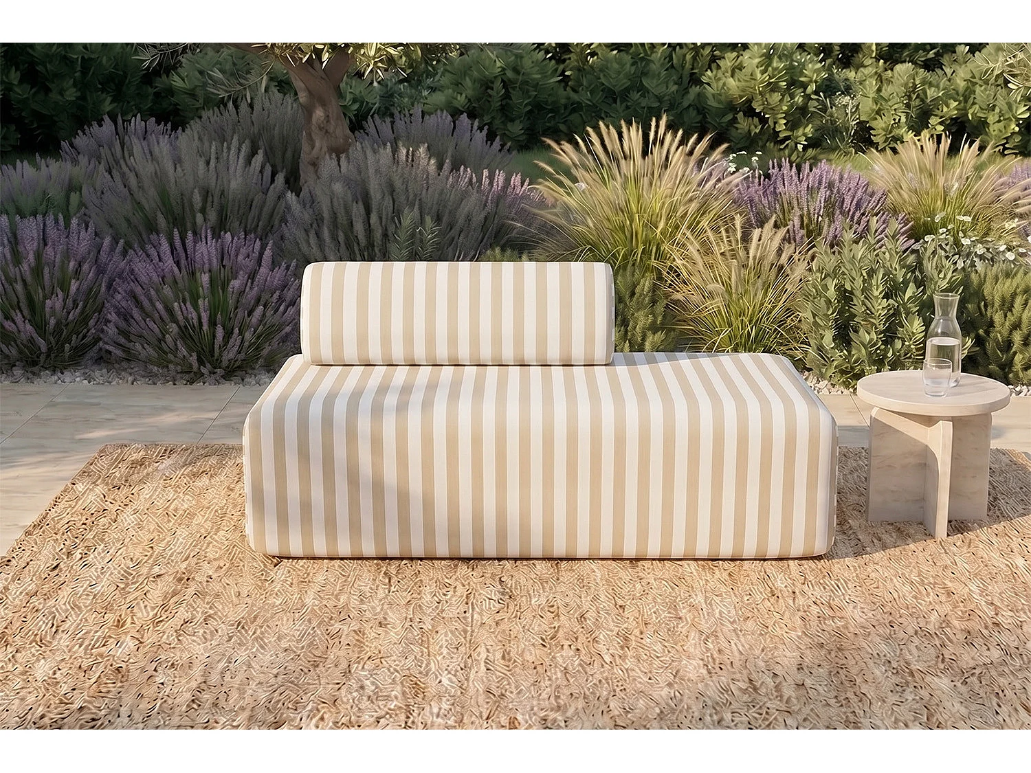 Canapé 2 places modulable - Tissu extérieur à rayures, blanc et beige