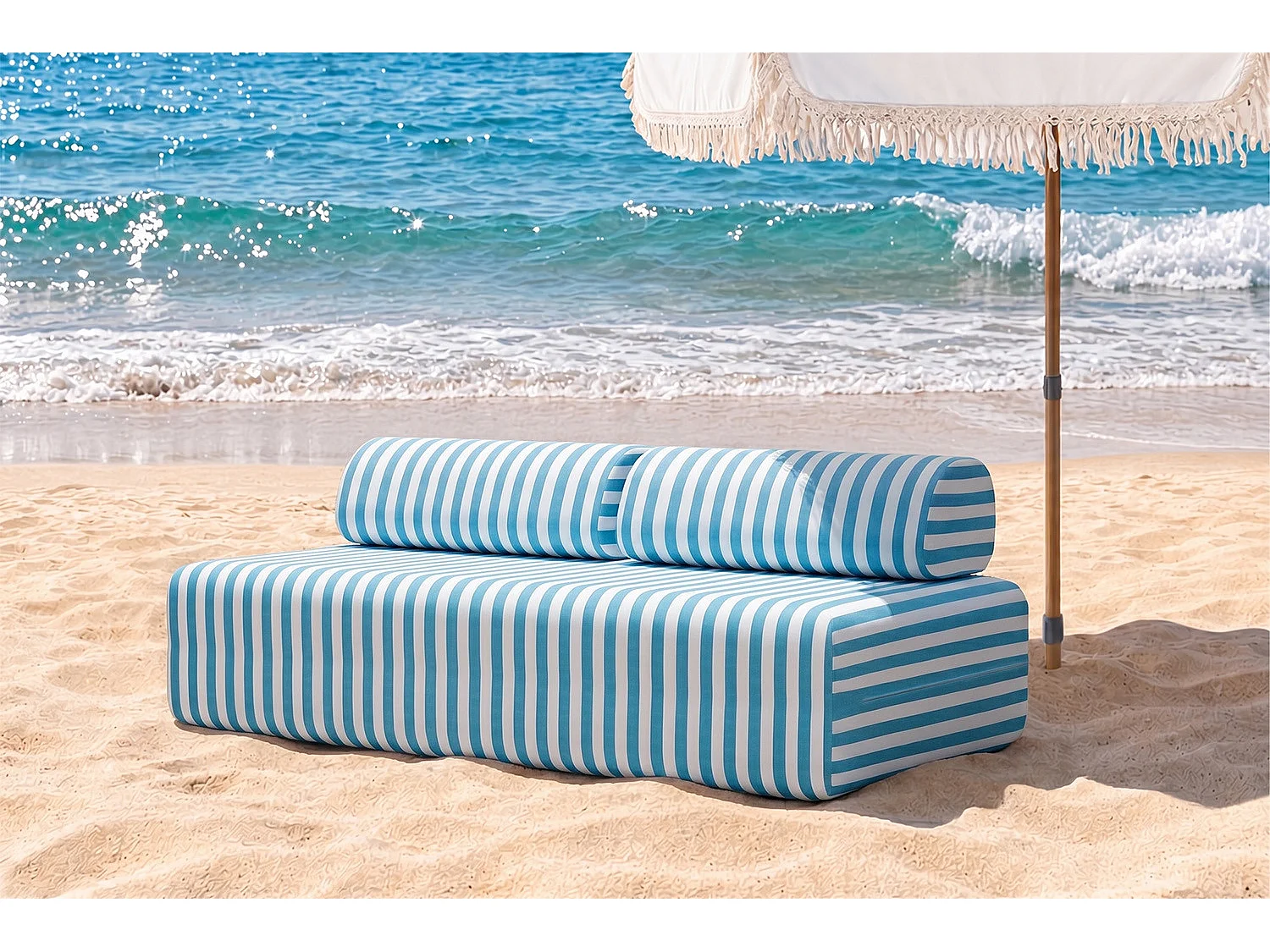 Canapé 3 places modulable - Tissu extérieur à rayures, blanc et bleu