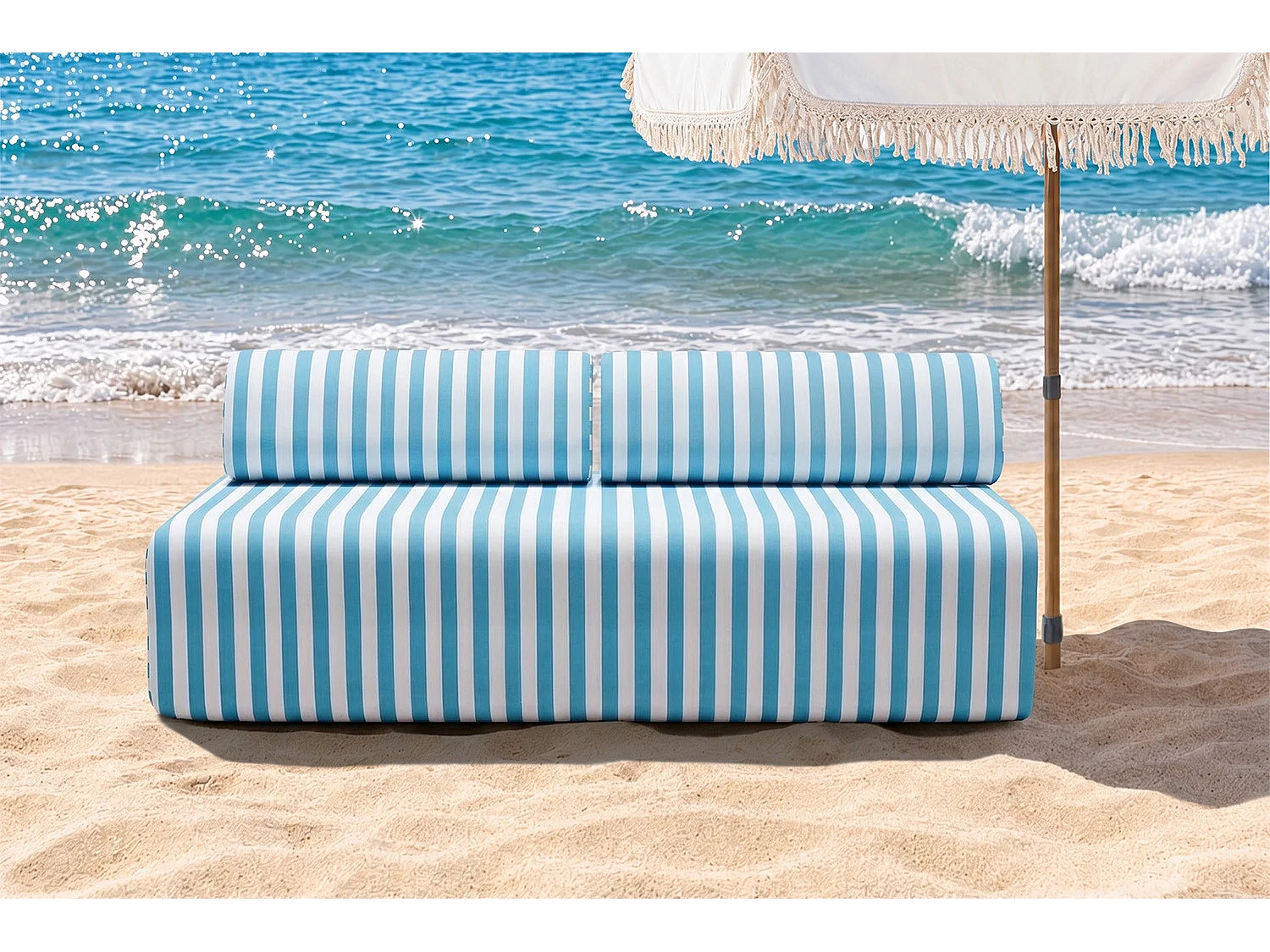 Canapé 3 places modulable - Tissu extérieur à rayures, blanc et bleu