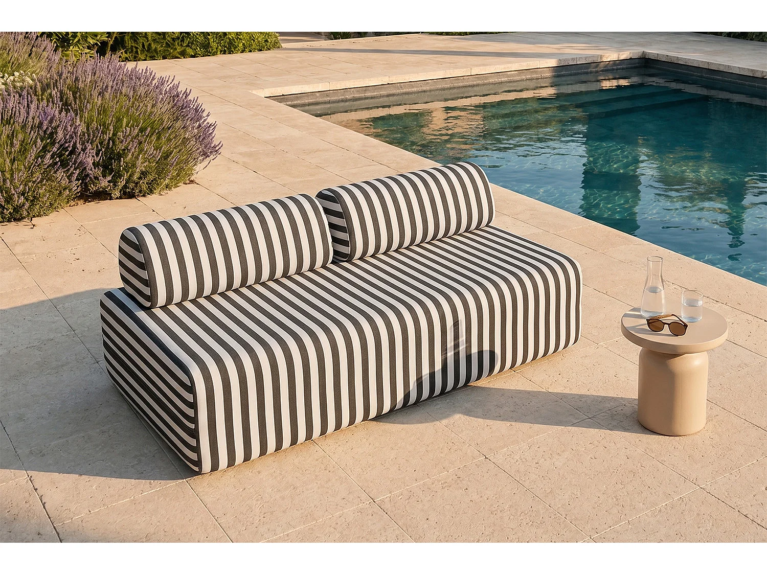 Canapé 3 places modulable - Tissu extérieur à rayures, blanc et gris anthracite