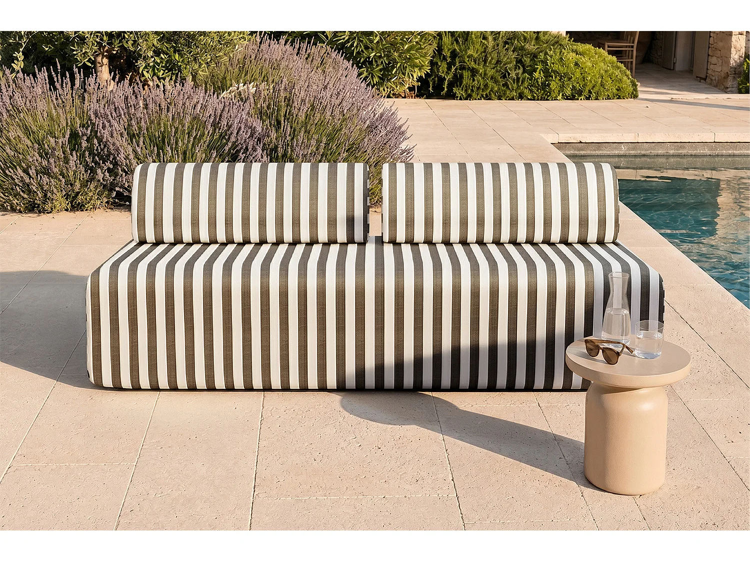 Canapé 3 places modulable - Tissu extérieur à rayures, blanc et gris anthracite