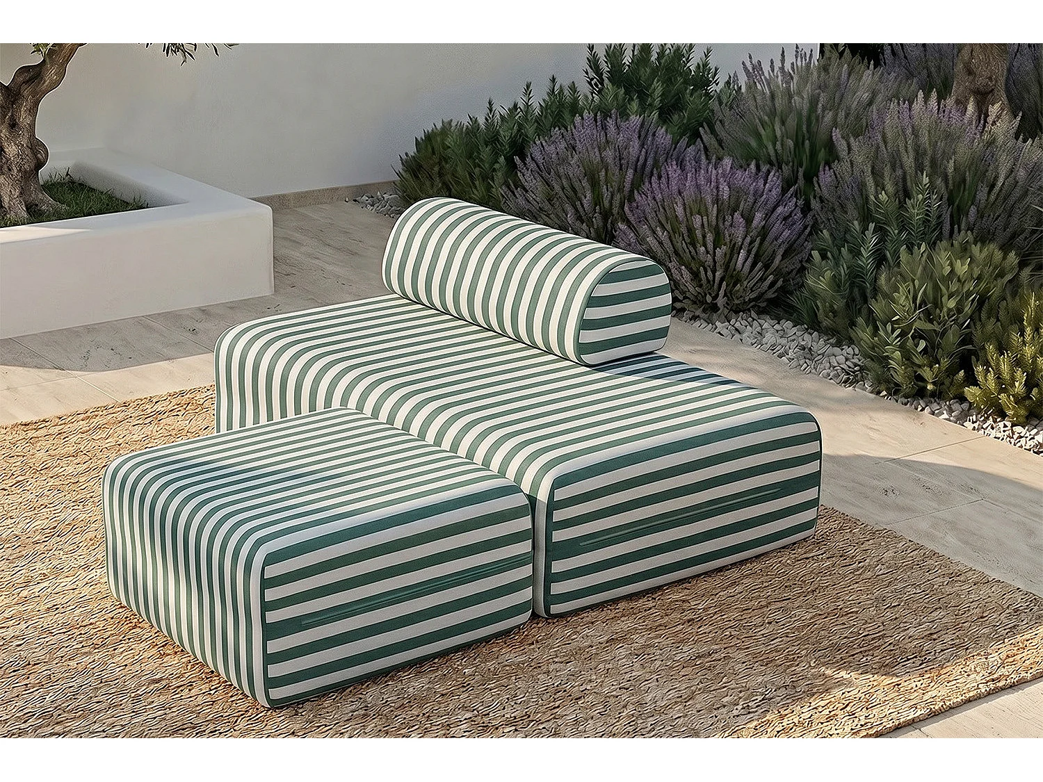 Pouf modulable - Tissu extérieur à rayures, blanc et vert foncé