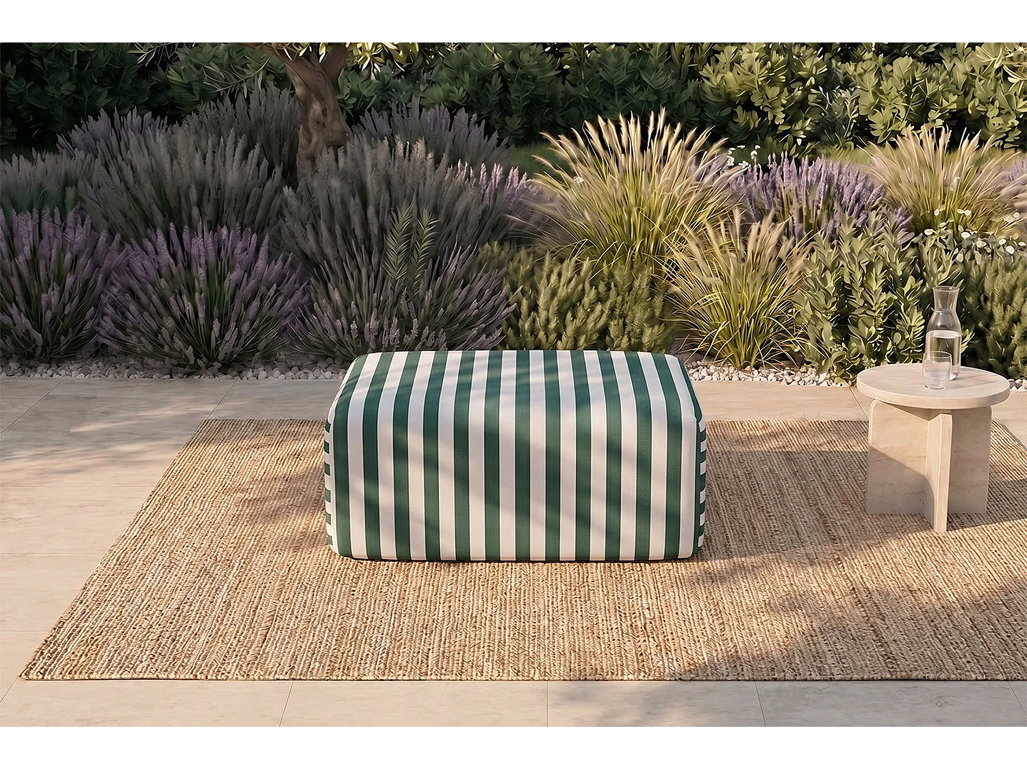 Pouf modulable - Tissu extérieur à rayures, blanc et vert foncé