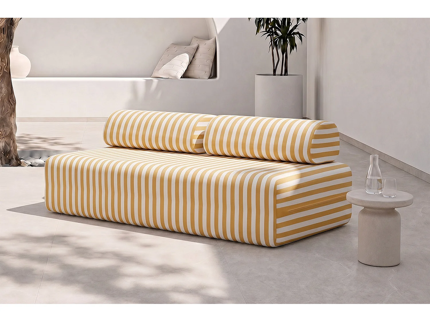 Canapé 3 places modulable - Tissu extérieur à rayures, blanc et jaune